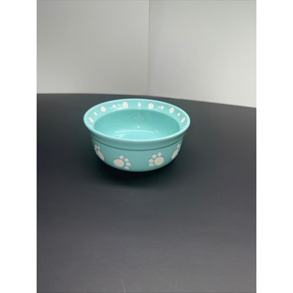 Signature Housewares Paws & Fish Teal Stoneware Pet Bowl Paw Print Polka Dot